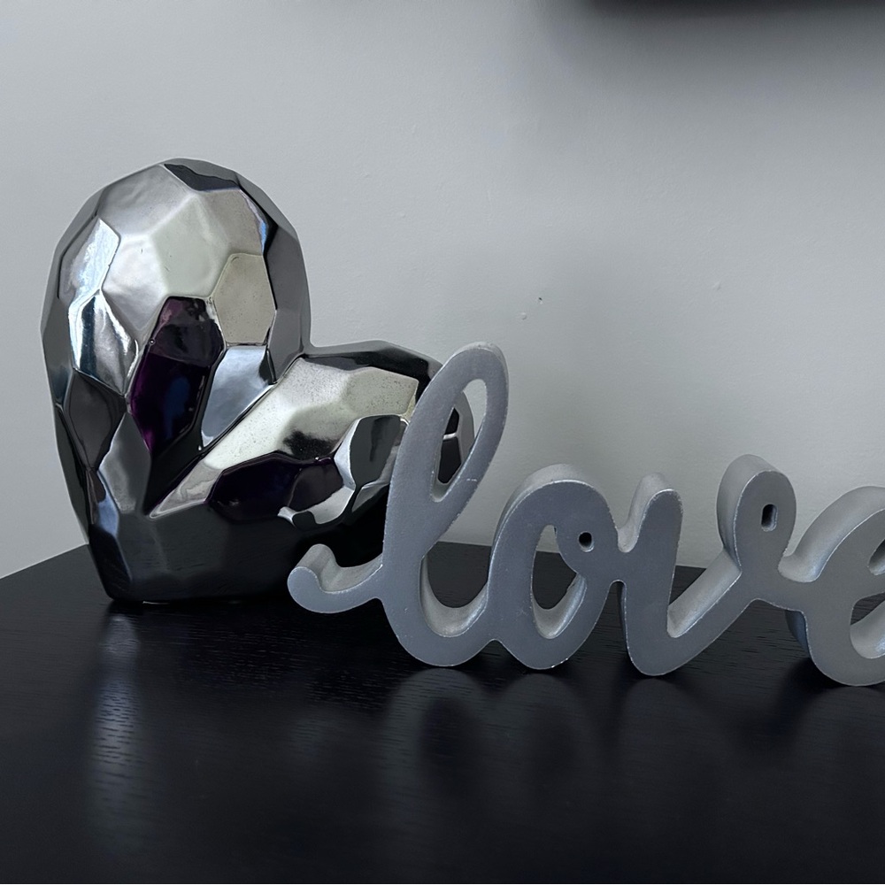 Silver Heart Sculpture and Love Sign Decor